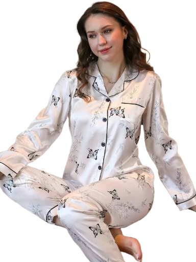 Butterfly Print Satin Pajama Set