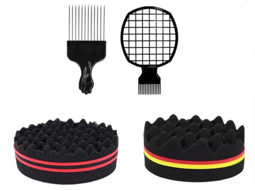 4 piece Curl Sponge Set with Big Hole Twist Sponge, Small Hole Twist Sponge, Mesh Afro Comb, Afro Comb