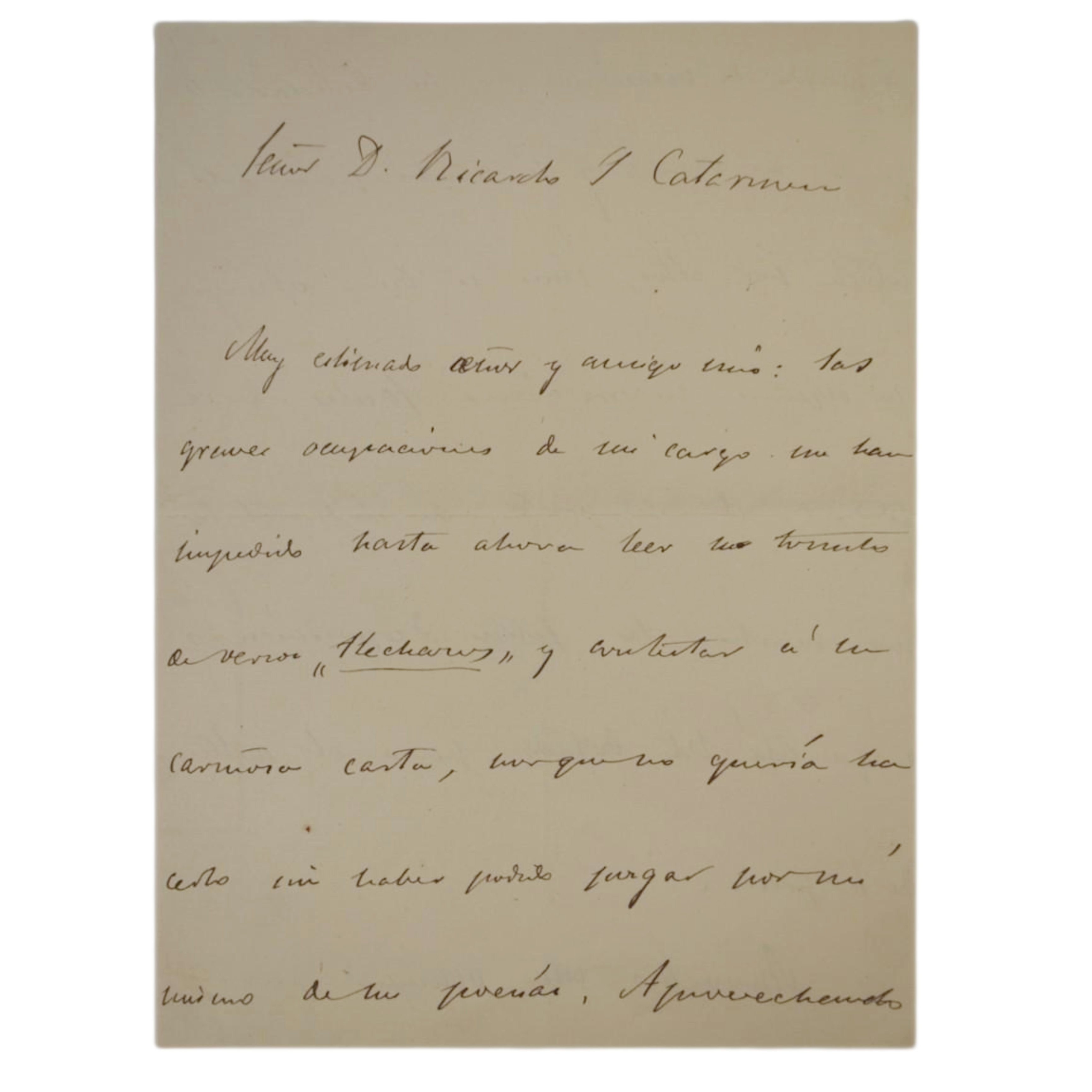 CARTA MANUSCRITA DE GASPAR NUÑEZ DE ARCE DIRIGIDA A RICARDO CATARINEU