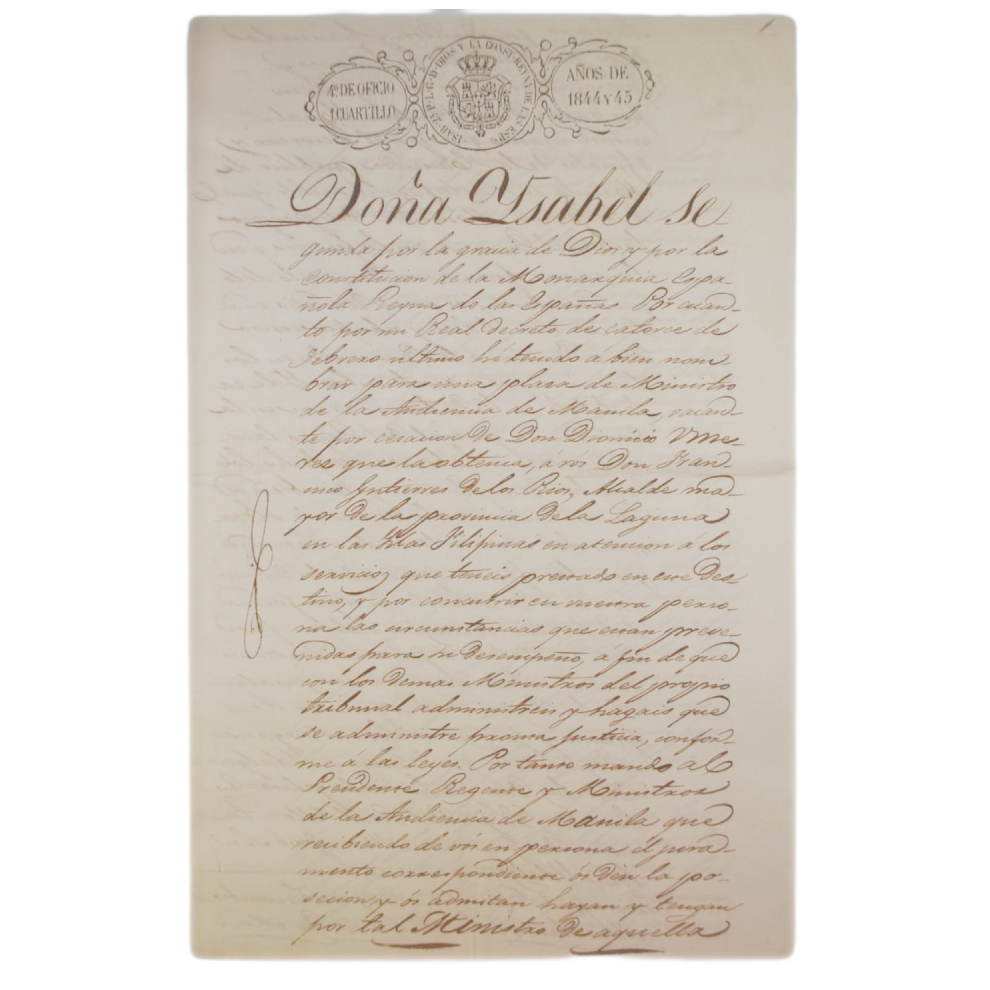 ISABEL II - NOMBRAMIENTO MINISTRO DE LA AUDIENCIA DE MANILA - 1844