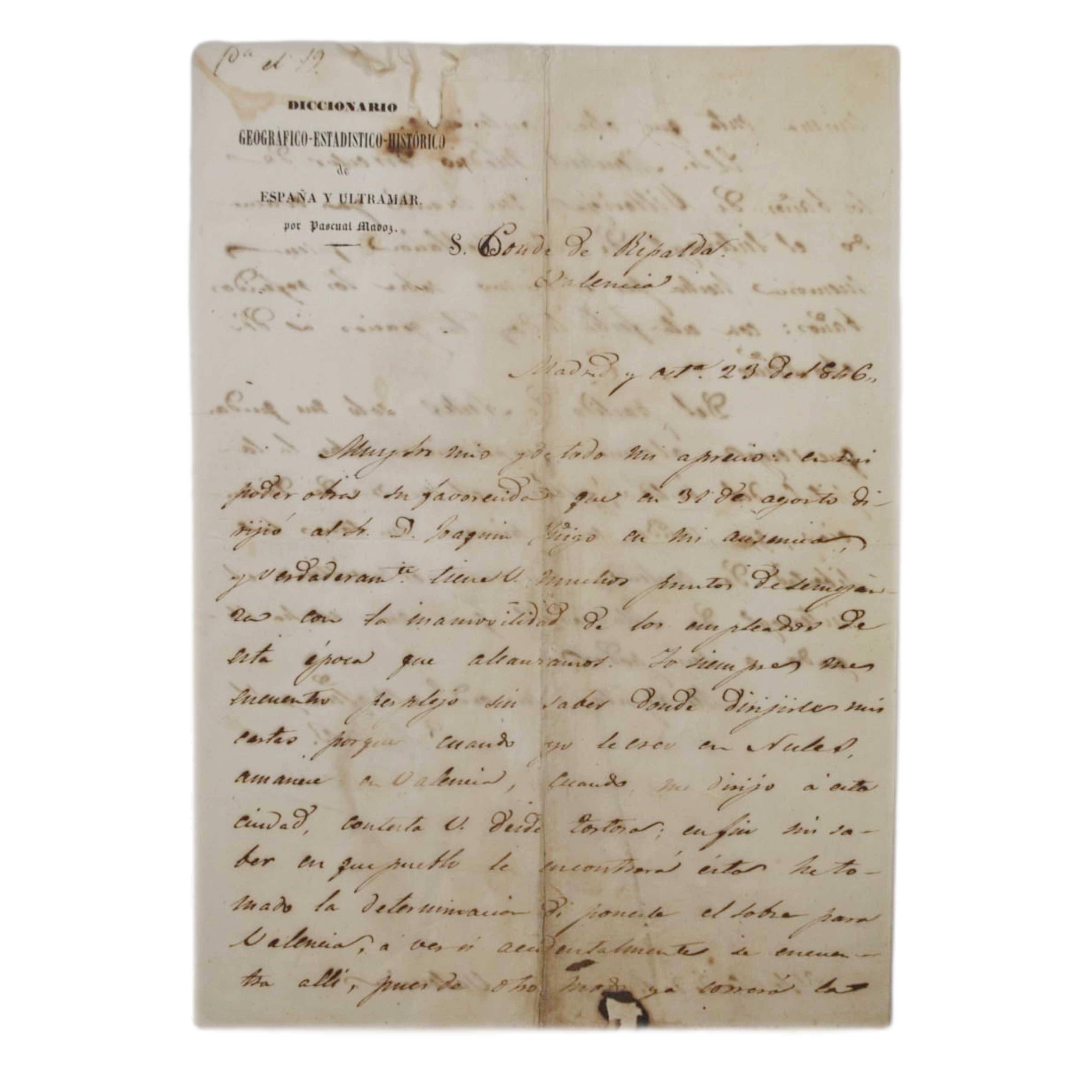 PASCUAL MADOZ - CARTA DIRIGIDA AL CONDE DE RIPALDA - 1846