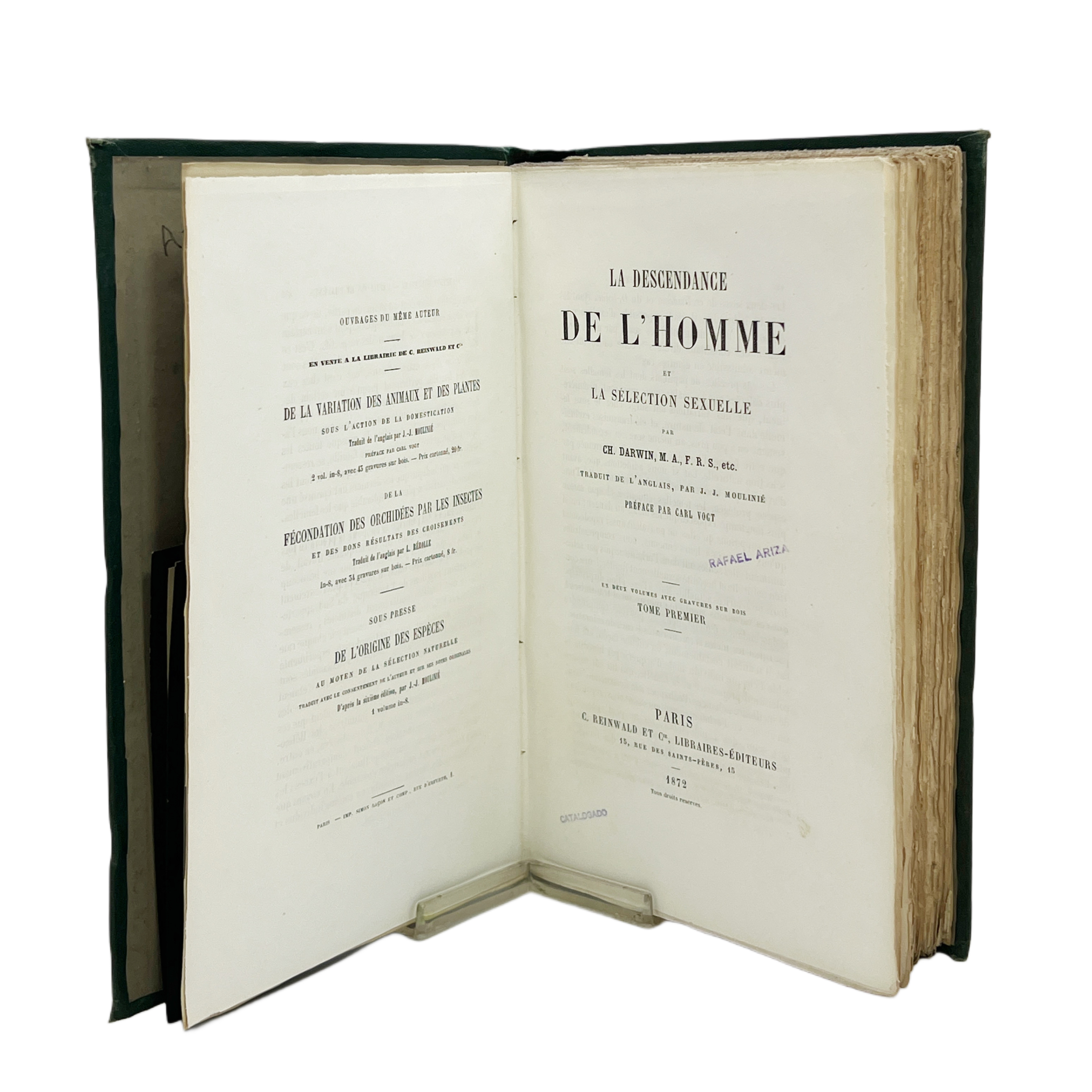 LA DESCENDANCE DE L'HOMME ET LA SELECTION SEXUELLE PAR ..., TRADUIT DE L'ANGLAIS PAR J.J. MOULINIE