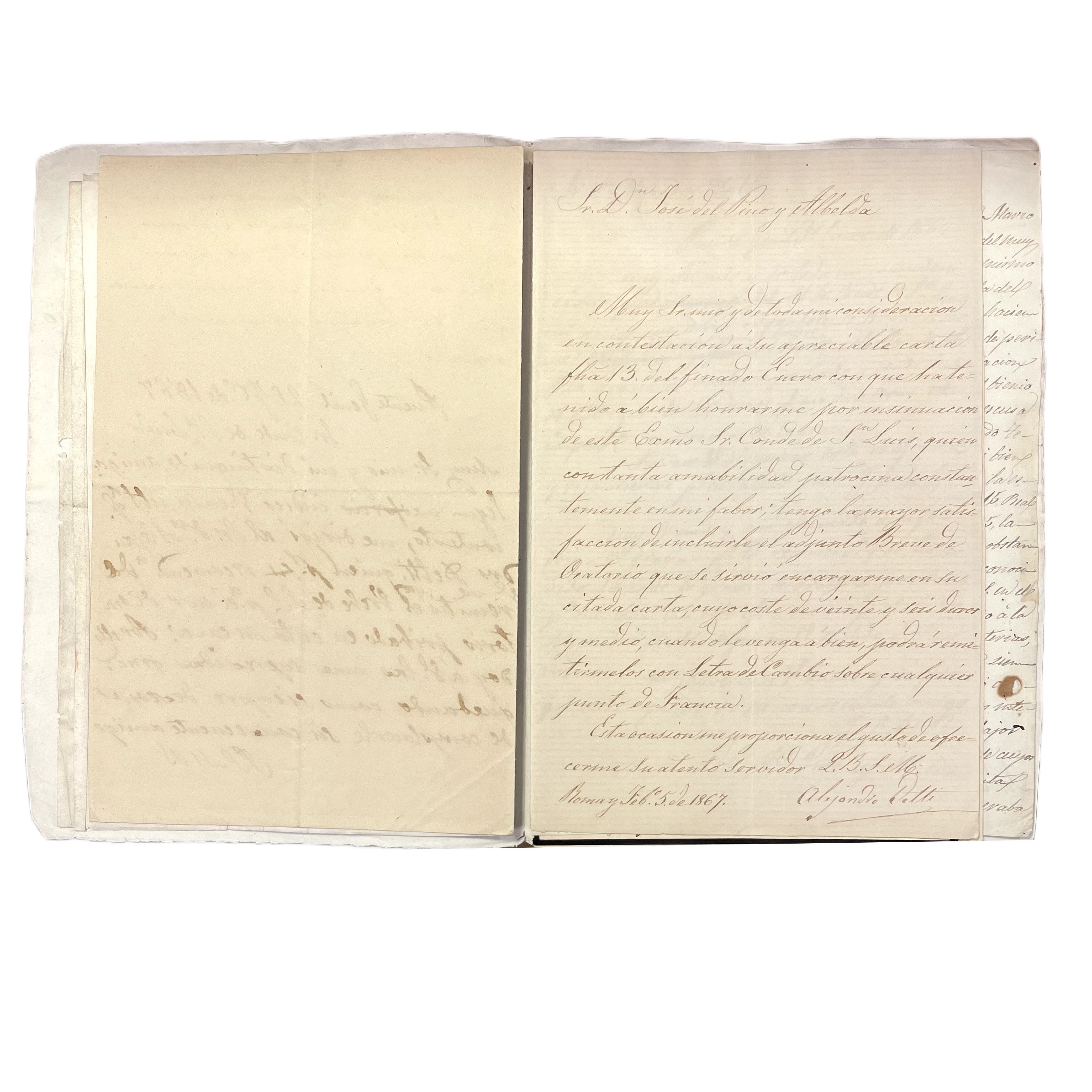 DOCUMENTO DEL VATICANO, CARTA DEL CONDE DE SAN LUIS Y ESCRITOS DE LA EMBAJADA DE ESPAÑA EN ROMA COMO INTERMEDIARIA PARA ALCANZAR LA GRACIA DE ORATORIO PRIVADO