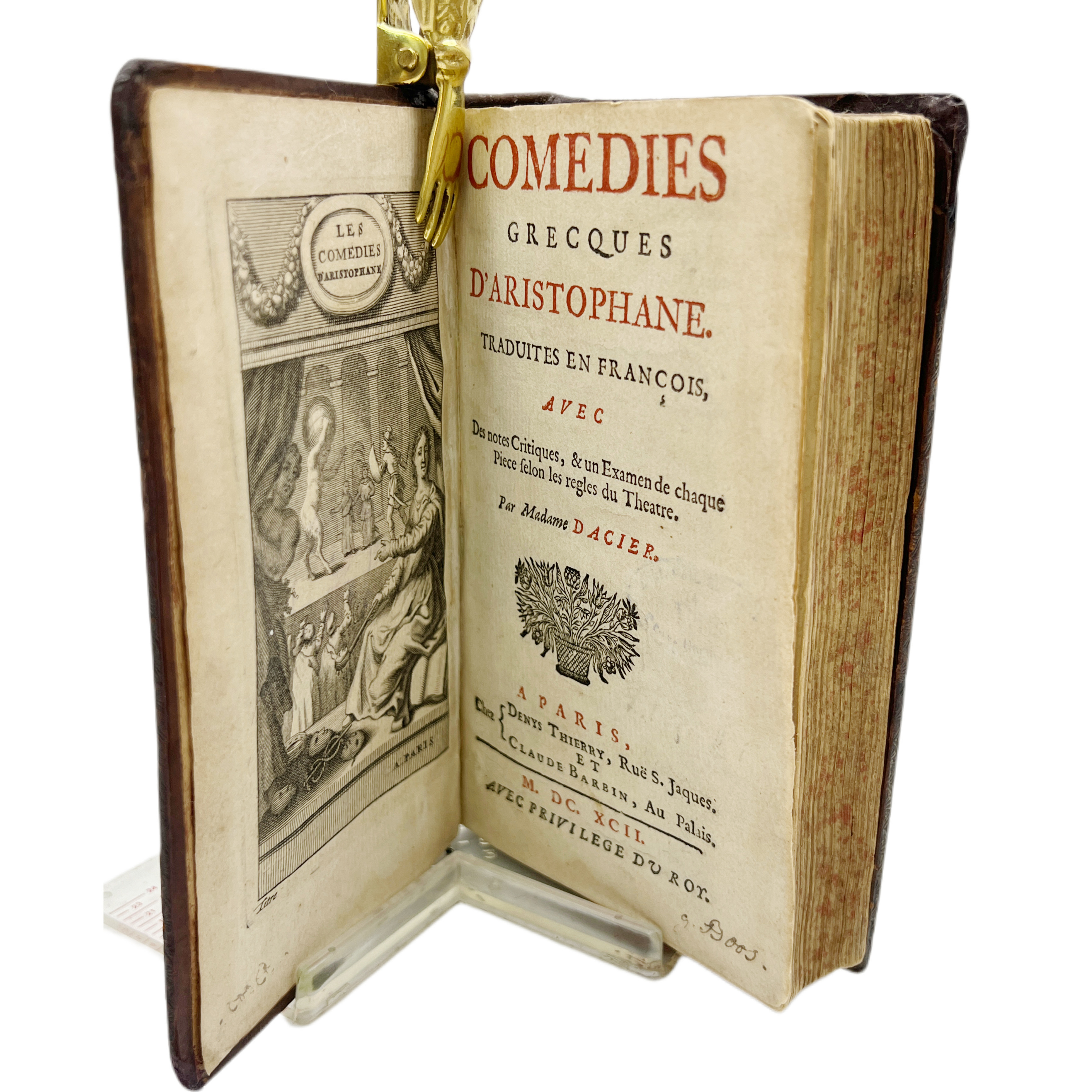 COMEDIES GRECQUES D'ARISTOPHANE TRADUITES EN FRANCOIS AVEC DES NOTES CRITIQUES, UN EXAMEN DE CHAQUE PIECE SELON LES REGLES DU THEATRE PAR MADAME DACIER.