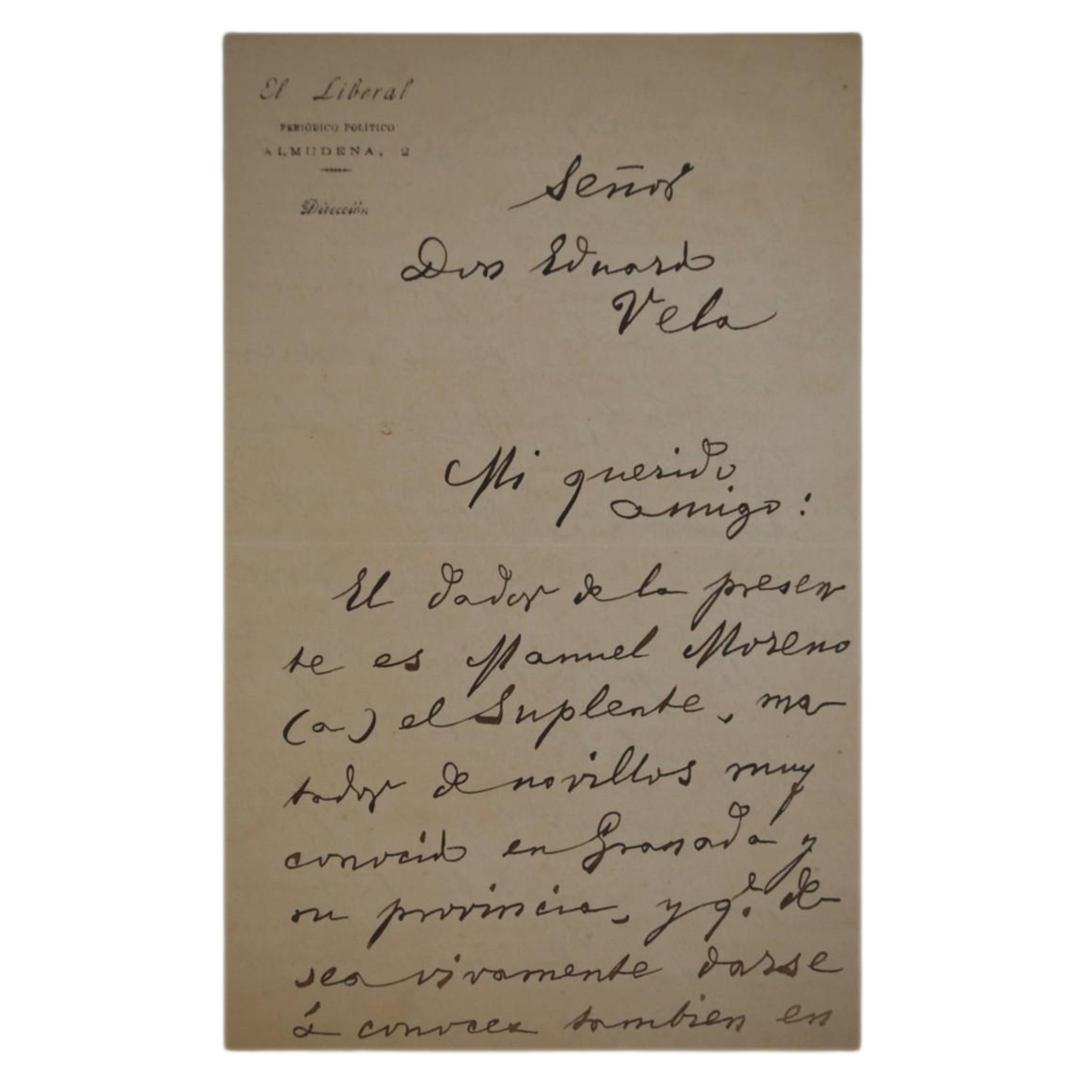 CARTA ORIGINAL MANUSCRITA DE MARIANO DE CAVIA DIRIGIDA A EDUARDO VELA (1892)