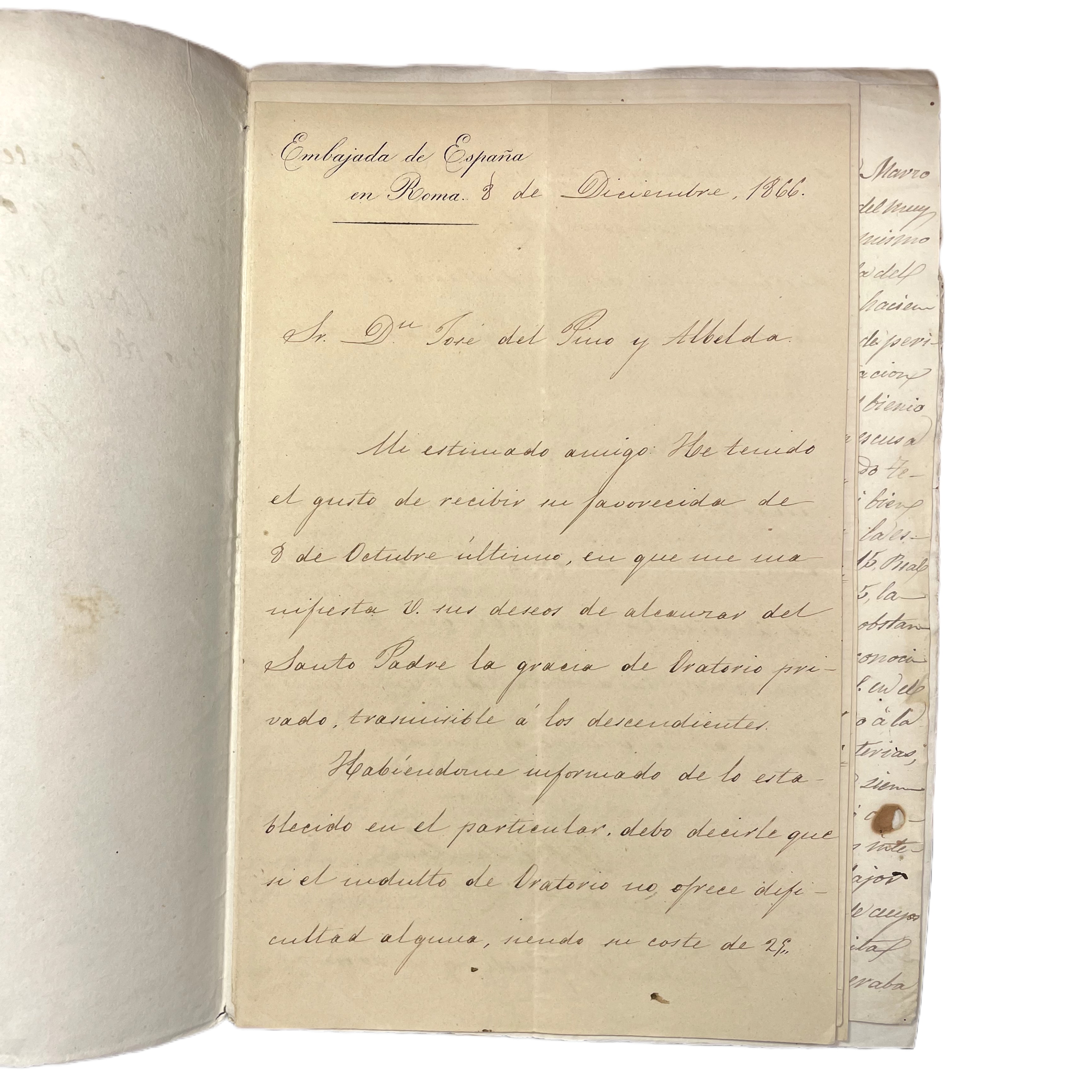 DOCUMENTO DEL VATICANO, CARTA DEL CONDE DE SAN LUIS Y ESCRITOS DE LA EMBAJADA DE ESPAÑA EN ROMA COMO INTERMEDIARIA PARA ALCANZAR LA GRACIA DE ORATORIO PRIVADO