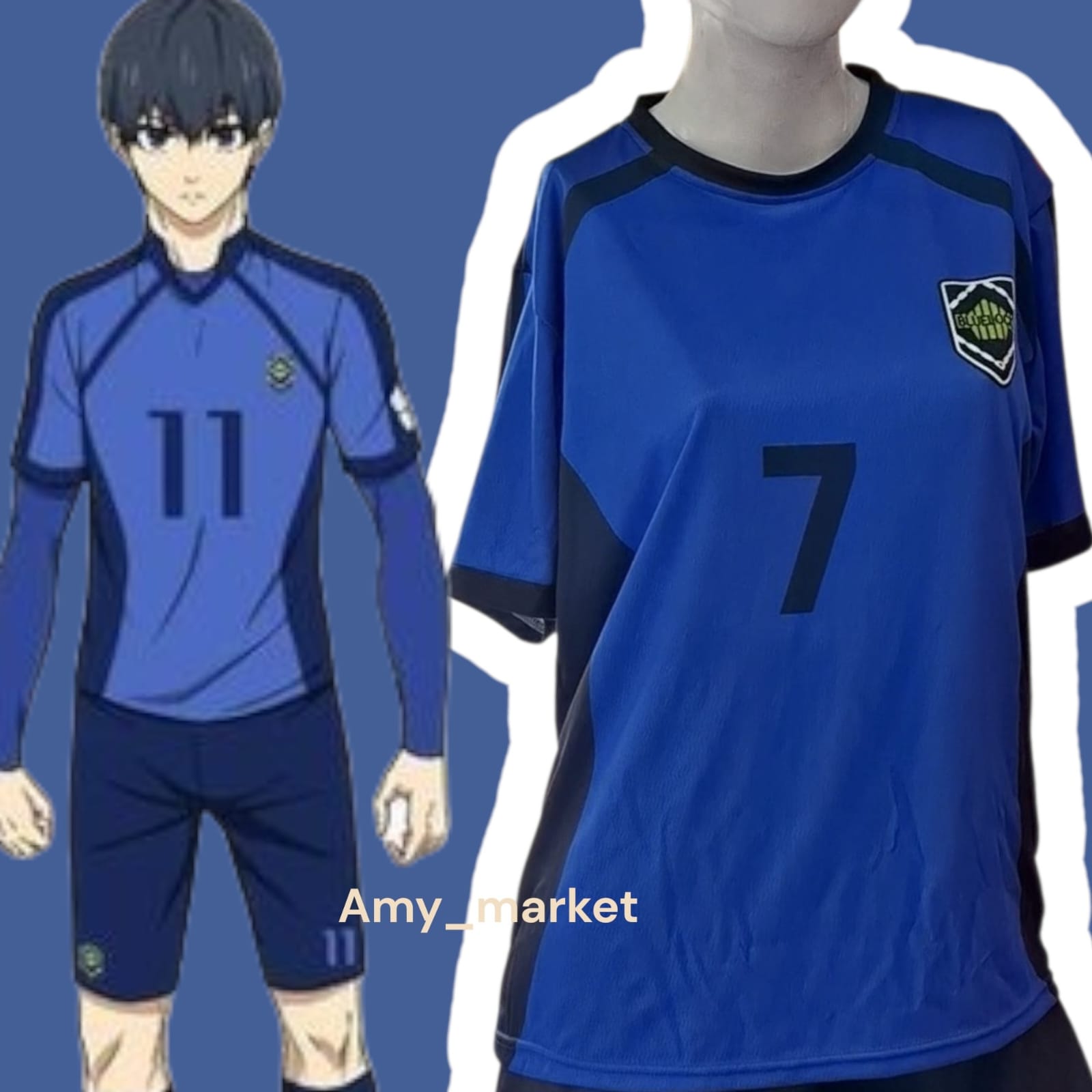 Camiseta de fútbol azul estilo Blue Lock