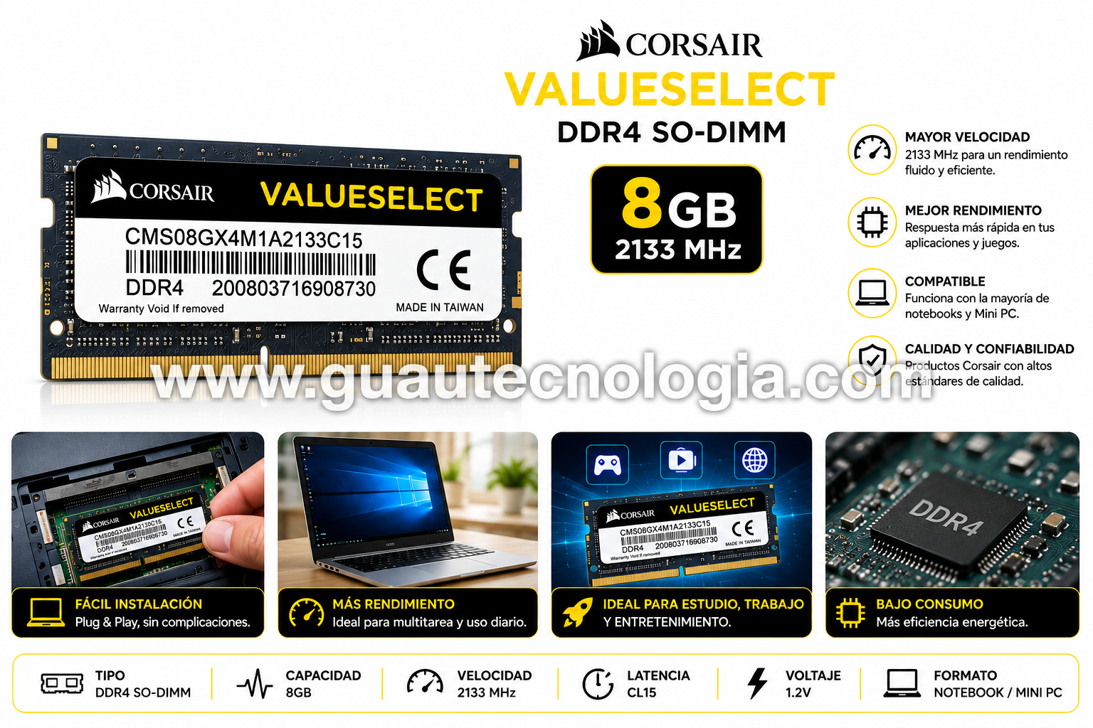Memoria RAM DDR4 SO-DIMM 8GB Corsair ValueSelect