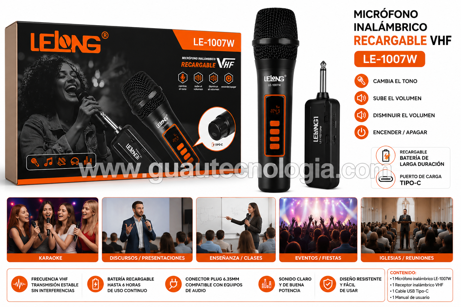 Microfono Inalambrico Recargable Lelong LE-1007W