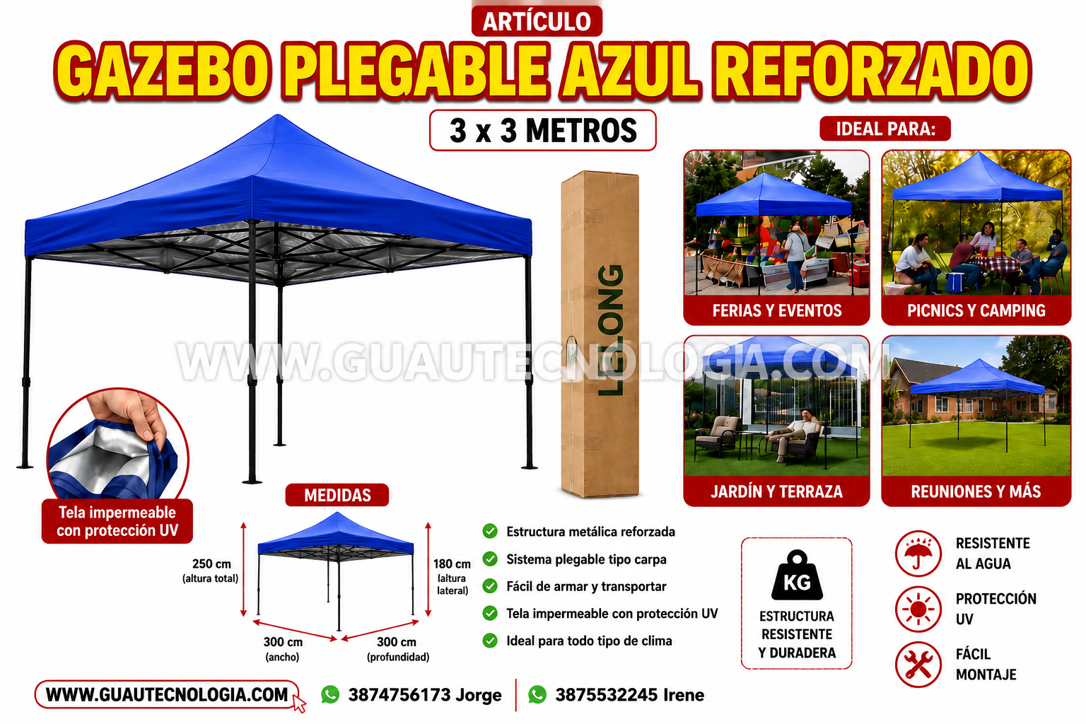 Gazebo Plegable Azul Reforzado Lelong