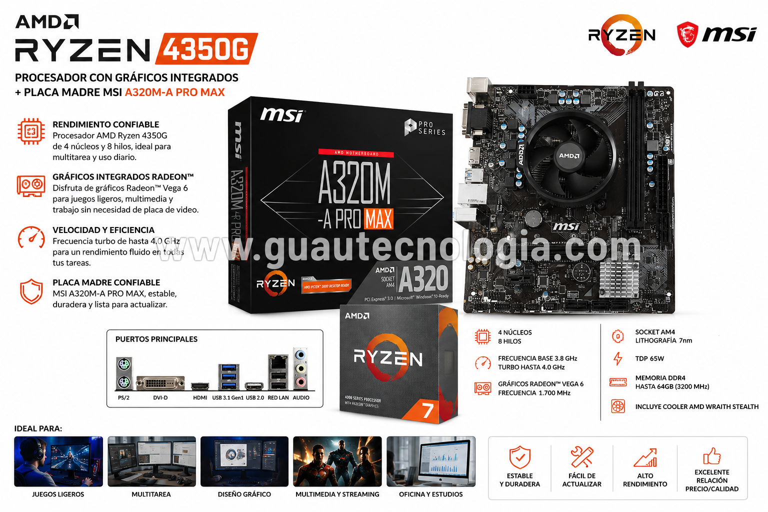 Kit AMD Ryzen 4350G + MSI A320M-A PRO MAX