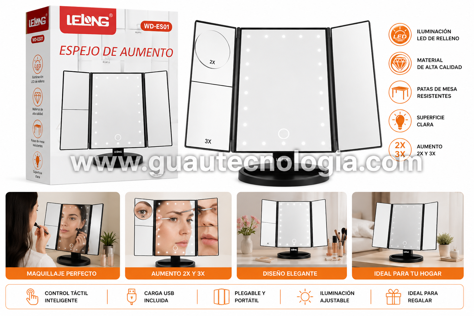 Espejo de Aumento con Luz LED