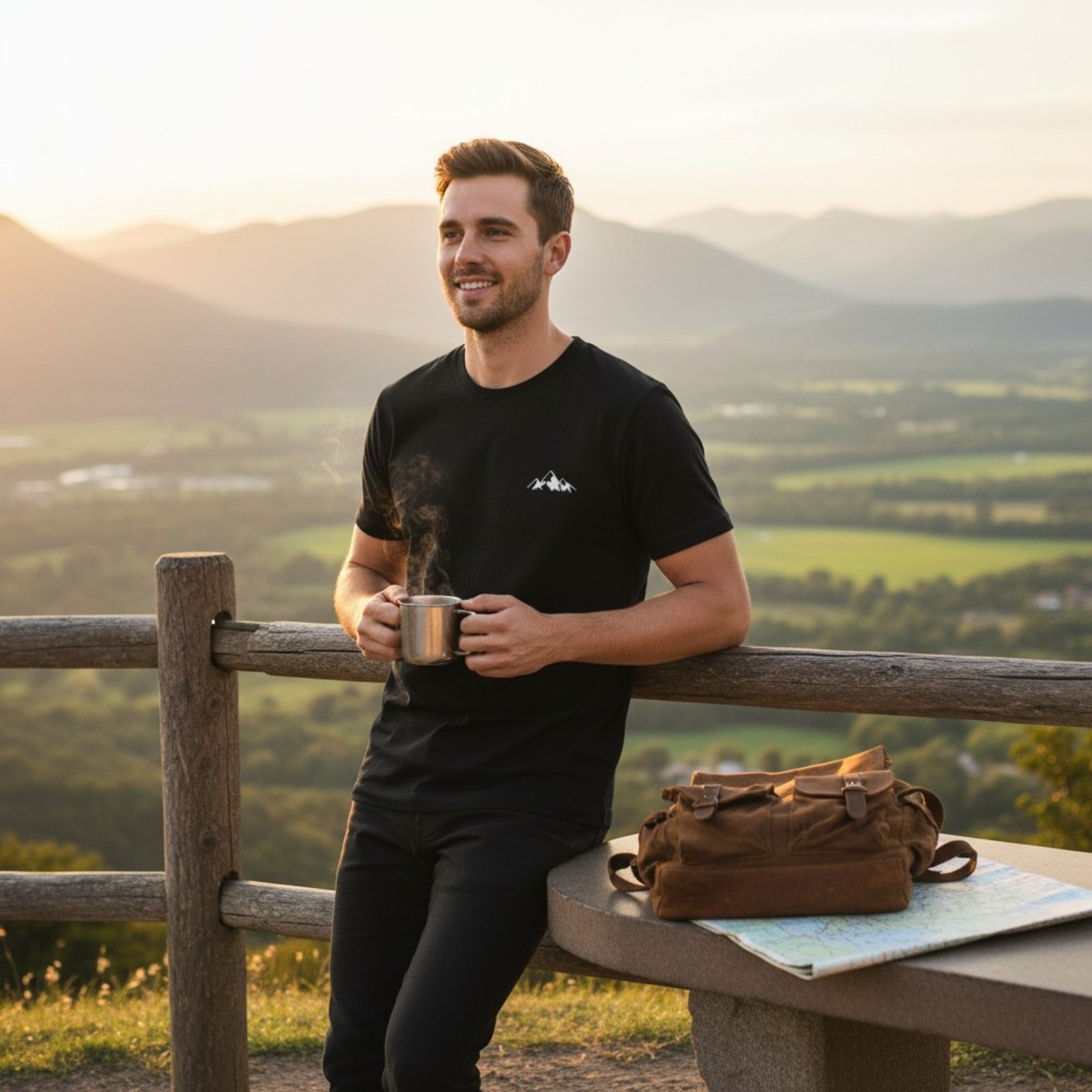 Црна маица со лого на планина