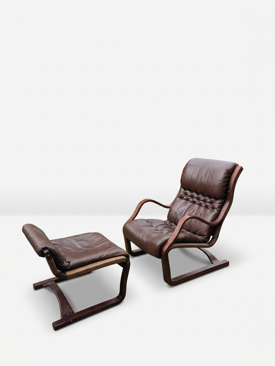 Esko Pajamies for Asko ‘Koivutaru’ Brown Leather  LoungeChair & Ottoman, 1970s