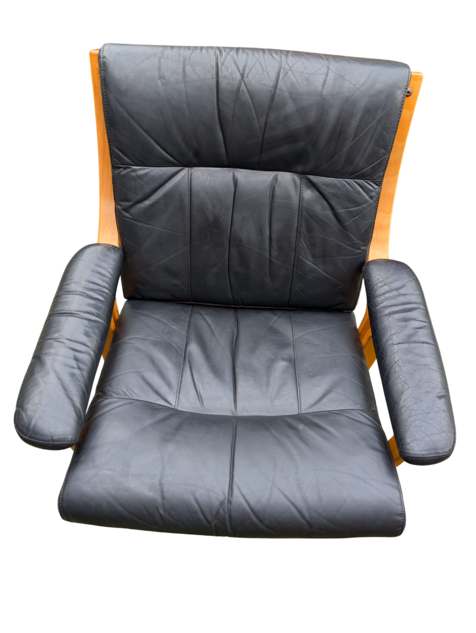 Scandi Black Leather Beech Lounge Chair, Style of Ingmar Relling Free Delivery