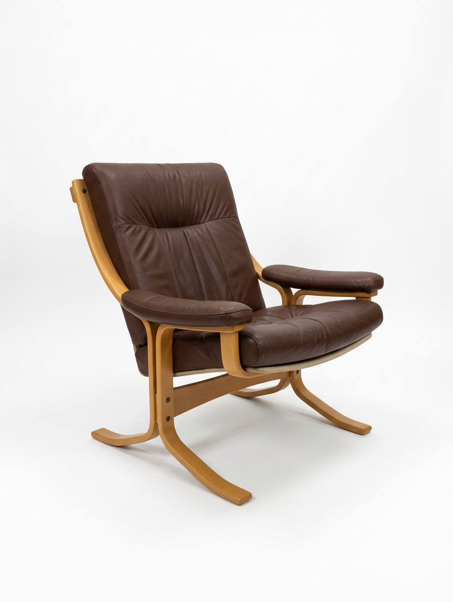 Scandi Brown Leather Beech Lounge Chair, Style of Ingmar Relling Free Delivery