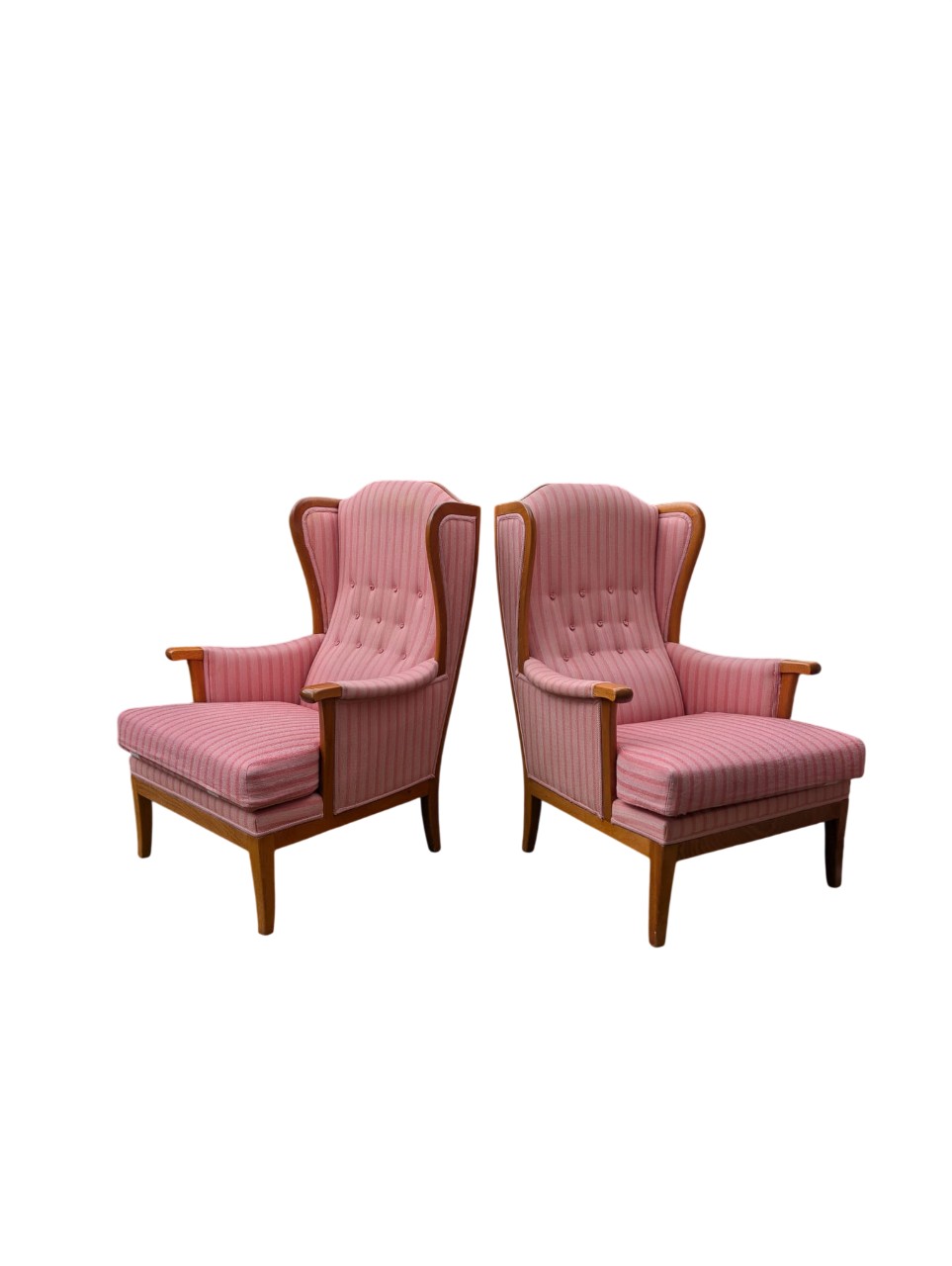 Carl Malmsten “Husfadern” Armchairs, Pair, Stained Hardwood, Rose / Pink Striped