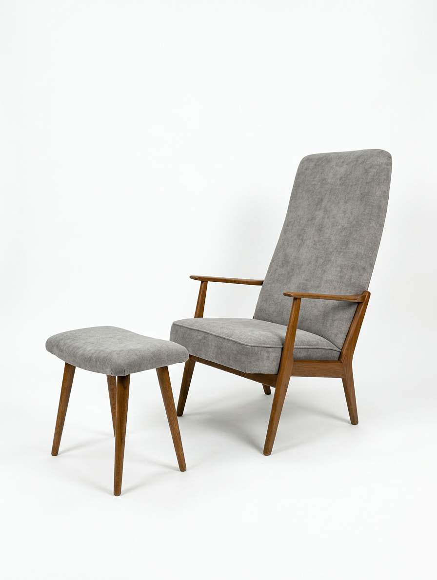 Mid‑Century Swedish High‑Back Lounge Chair & Footstool, Newly Reupholstered