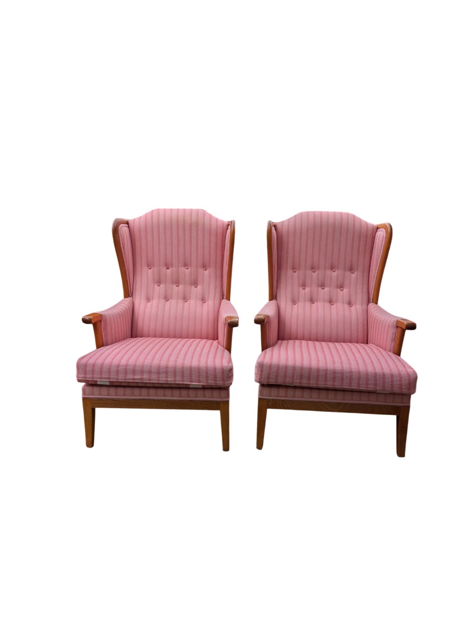 Carl Malmsten “Husfadern” Armchairs, Pair, Stained Hardwood, Rose / Pink Striped