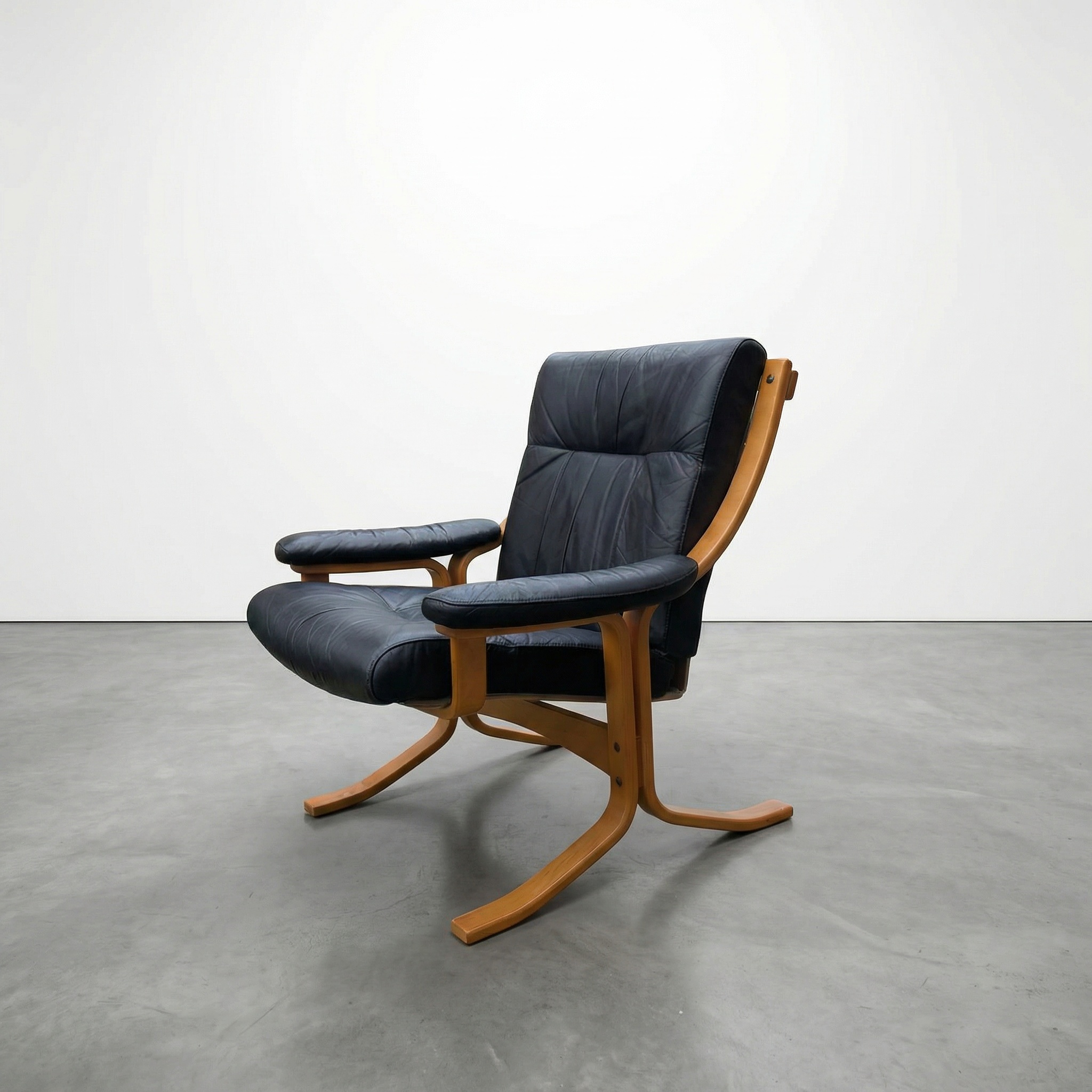 Scandi Black Leather Beech Lounge Chair, Style of Ingmar Relling Free Delivery