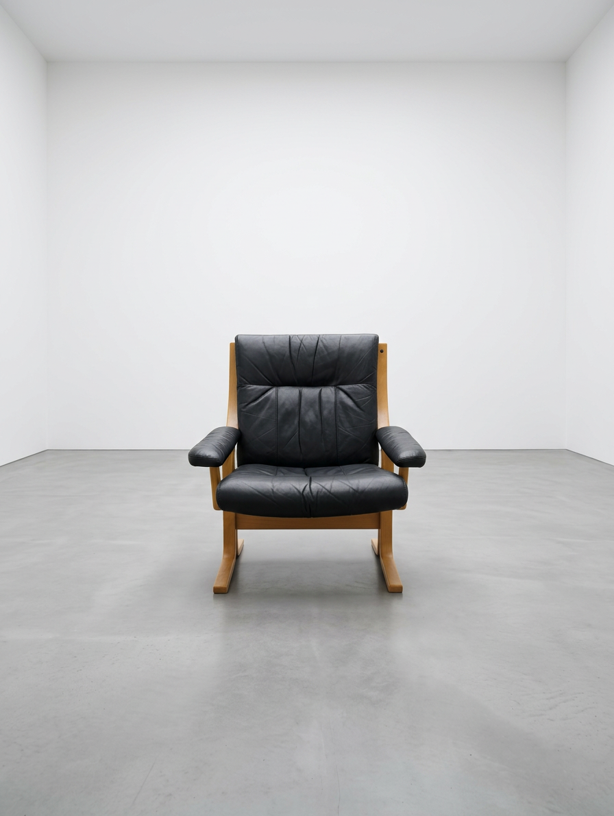 Scandi Black Leather Beech Lounge Chair, Style of Ingmar Relling Free Delivery