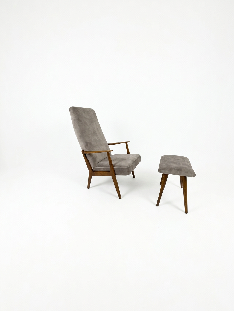 Mid‑Century Swedish High‑Back Lounge Chair & Footstool, Newly Reupholstered