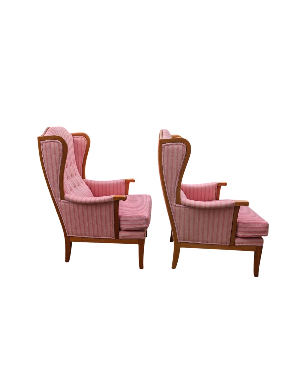 Carl Malmsten “Husfadern” Armchairs, Pair, Stained Hardwood, Rose / Pink Striped