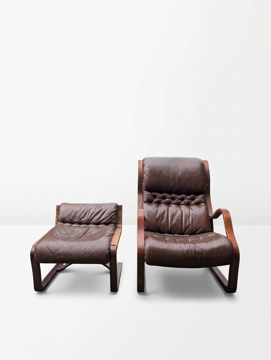 Esko Pajamies for Asko ‘Koivutaru’ Brown Leather  LoungeChair & Ottoman, 1970s