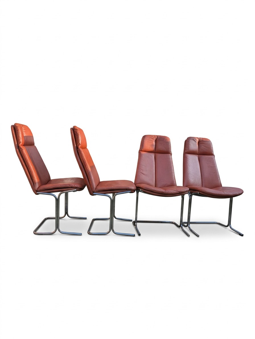 Set of 4 Pieff Tim Bates Eleganza Dining/Desk Chairs, 1970s, Tan Leather MCM
