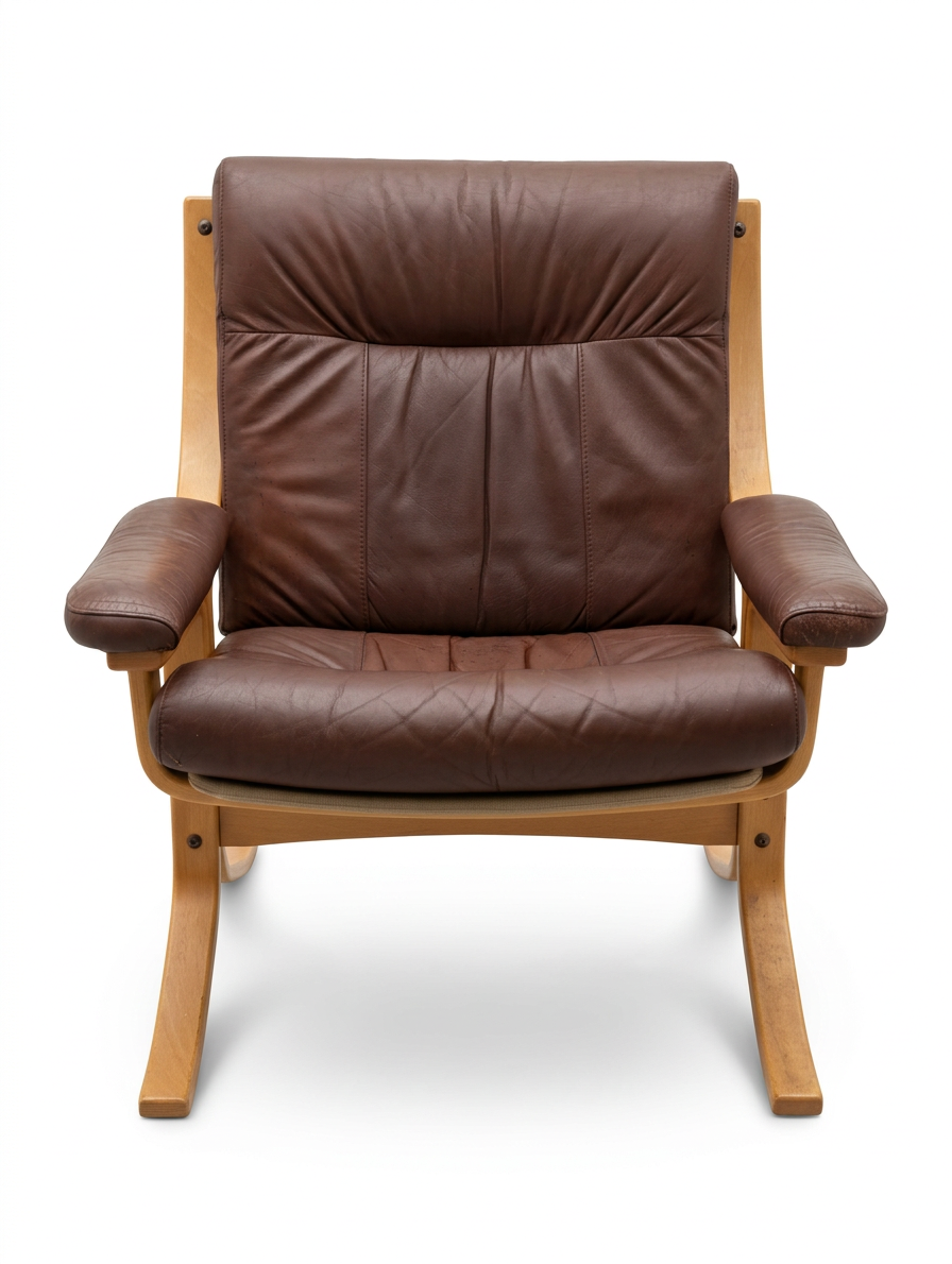 Scandi Brown Leather Beech Lounge Chair, Style of Ingmar Relling Free Delivery