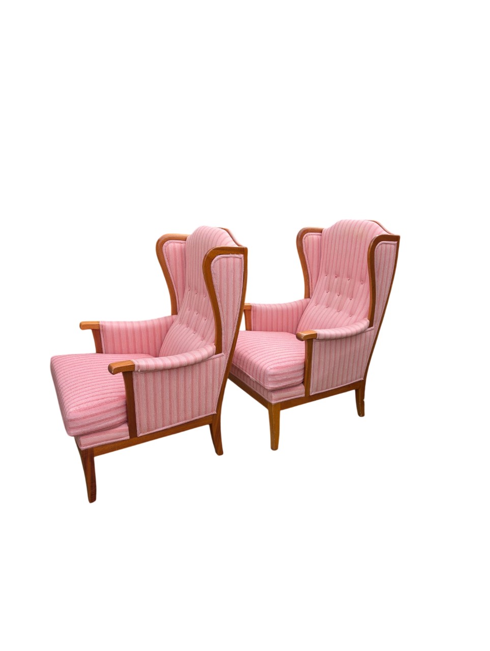 Carl Malmsten “Husfadern” Armchairs, Pair, Stained Hardwood, Rose / Pink Striped