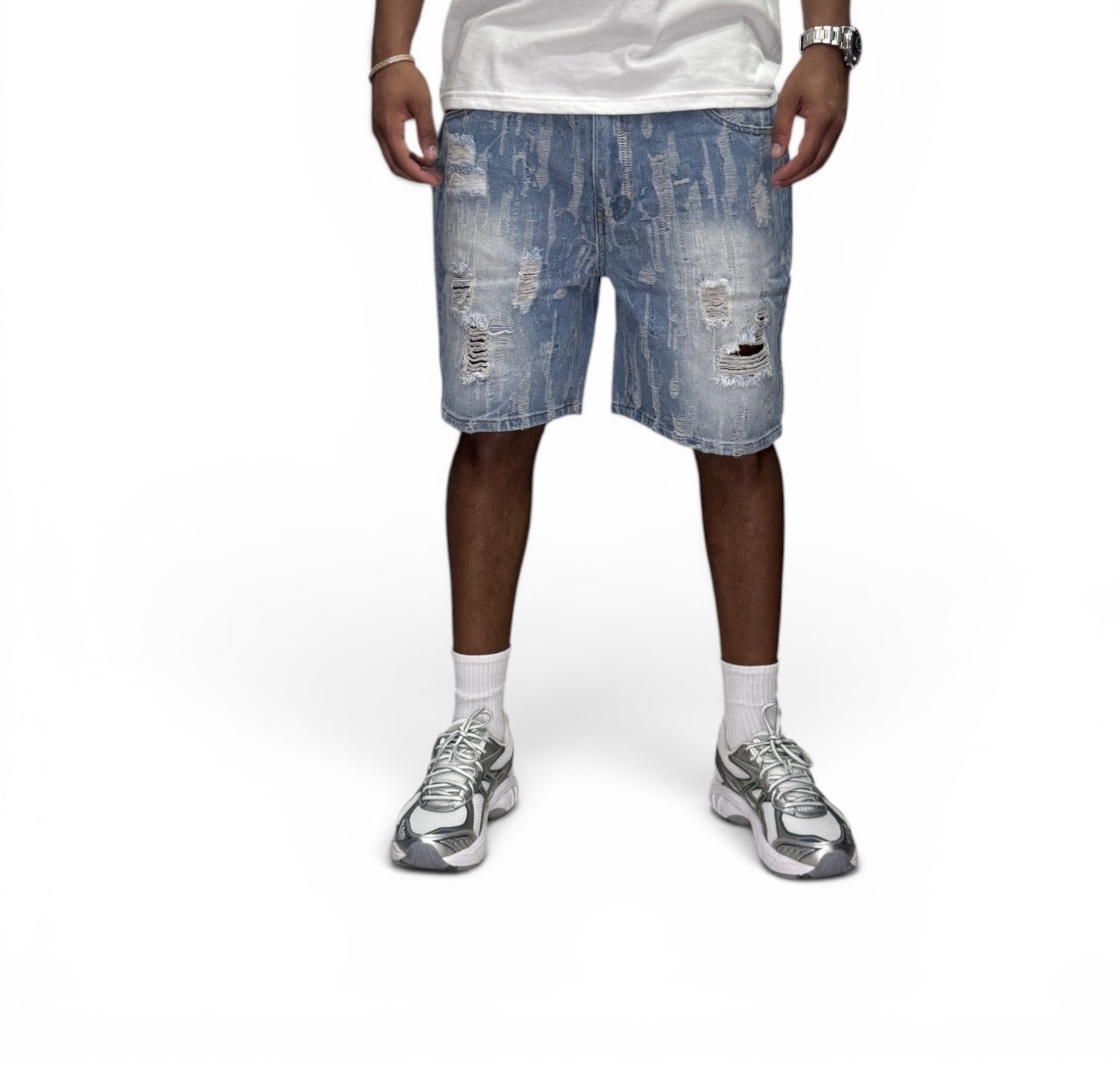 Bermuda Denim Relaxed All Over Distressed