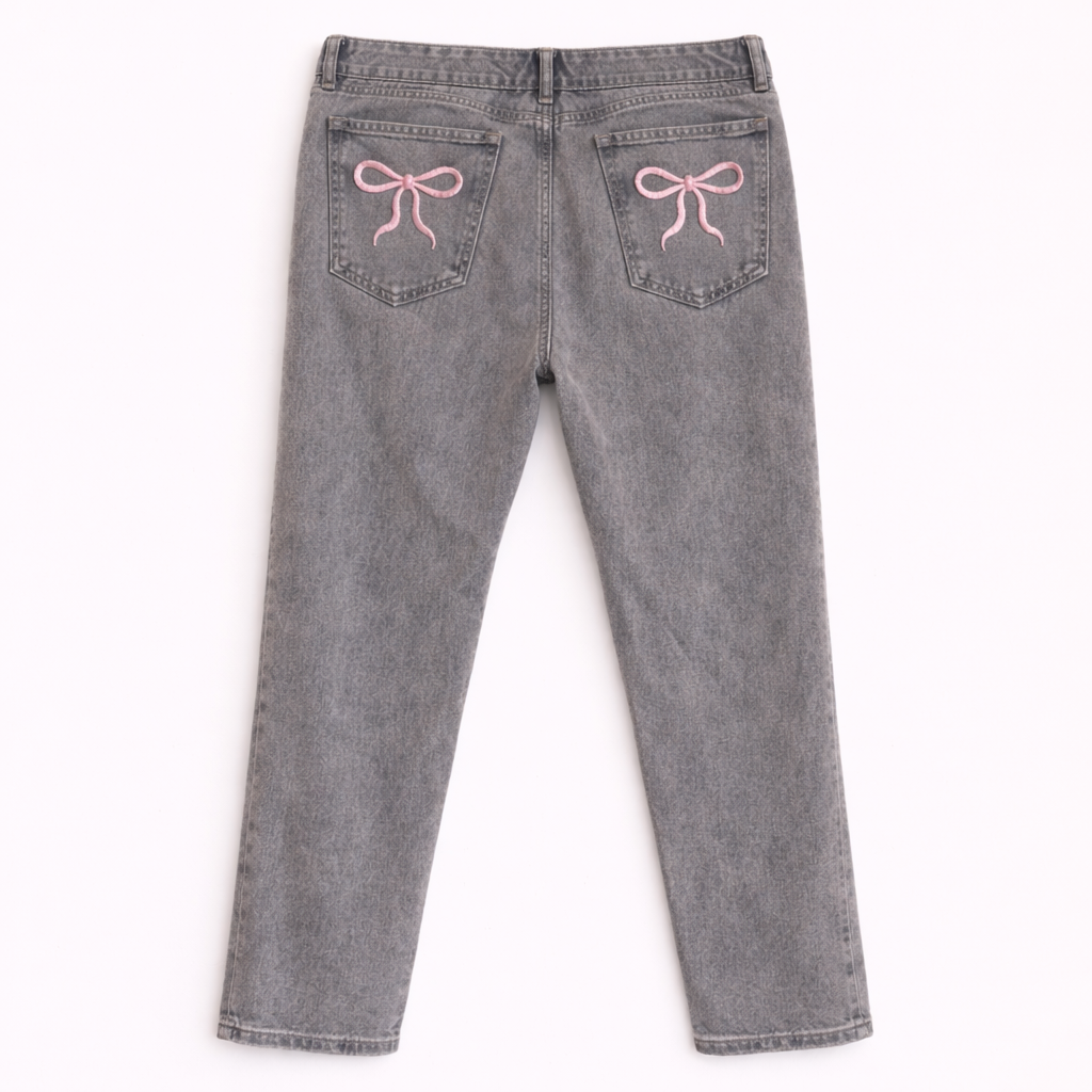 Grey Denim Jeans with Pink Bow Embroidery - 13years