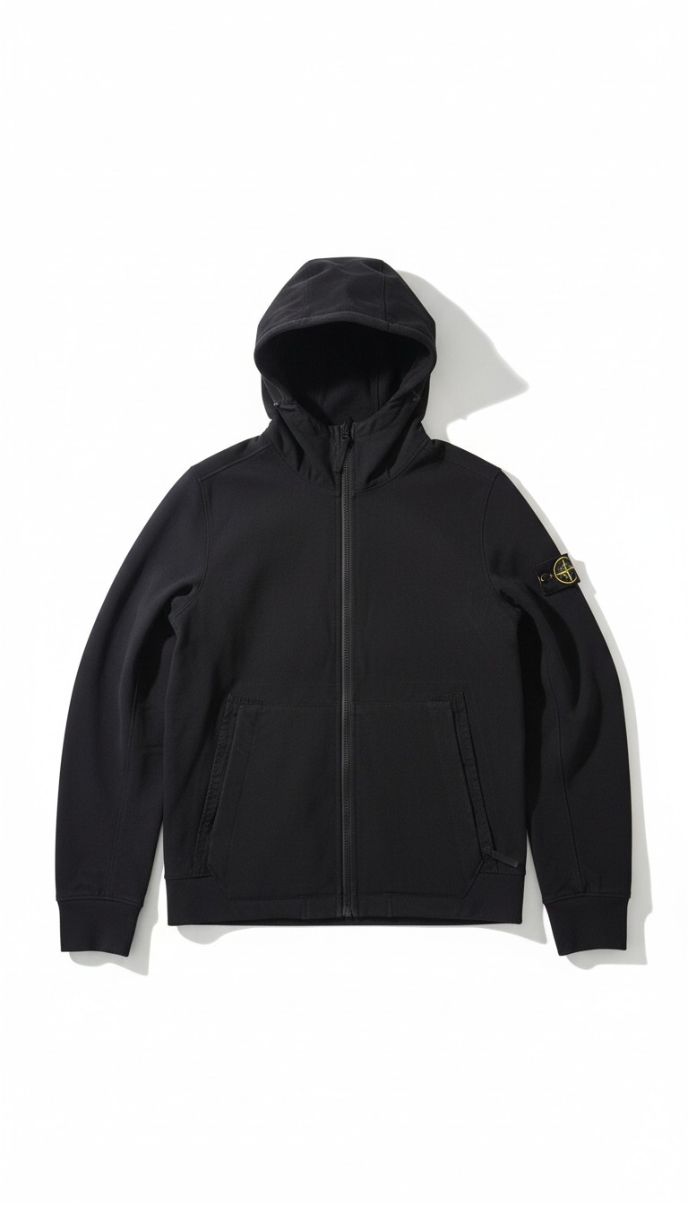 Pre-loved Stone Island Soft Shell Black Zip-Up Hoodie - Size M