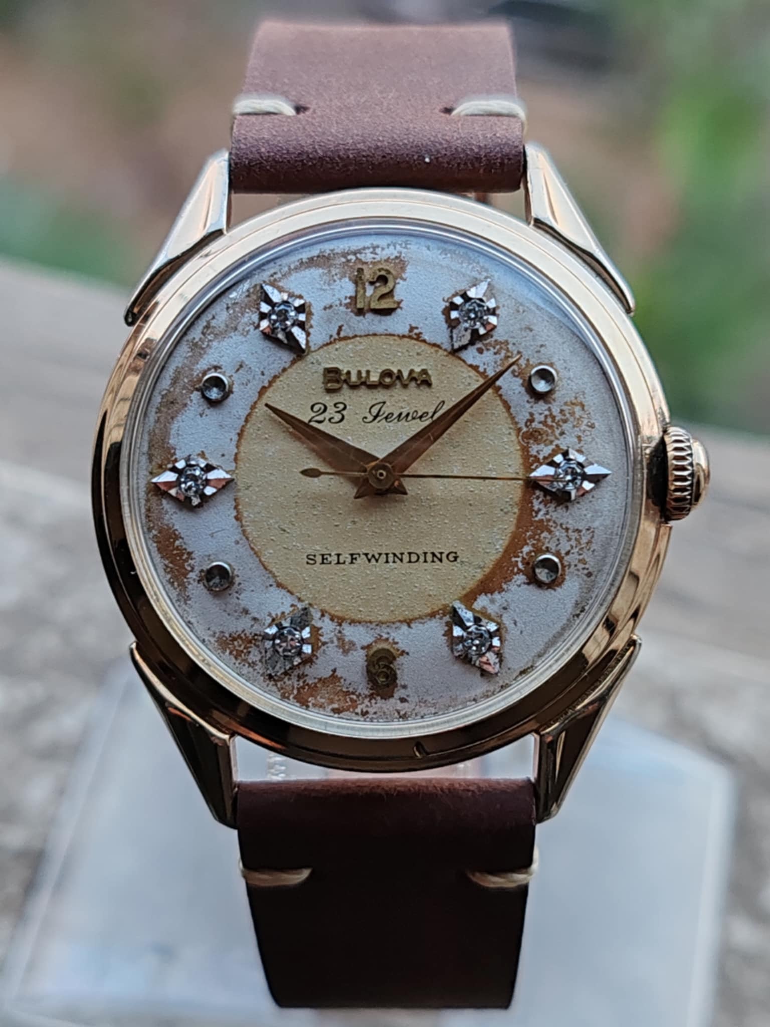 Bulova Diamond Self winding 23 Jewel 10K Gold Filled Case Diamond Dial