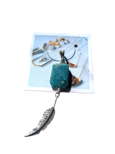 Pendant with Apatite gemstone, with sterling silver feather