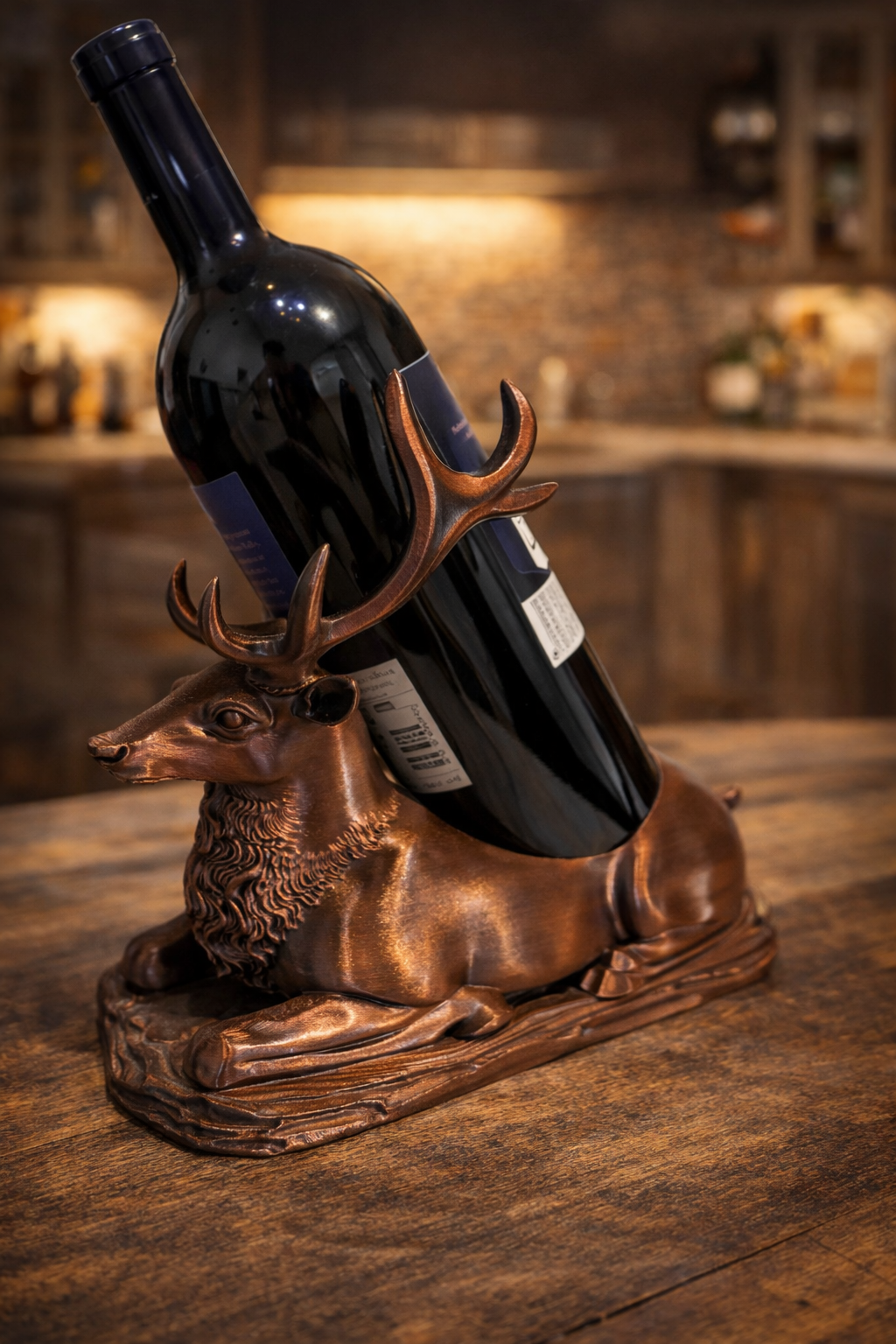 3D Printed Stag / Deer Wine Bottle Holder – Metallic Bronze & Gold Finish