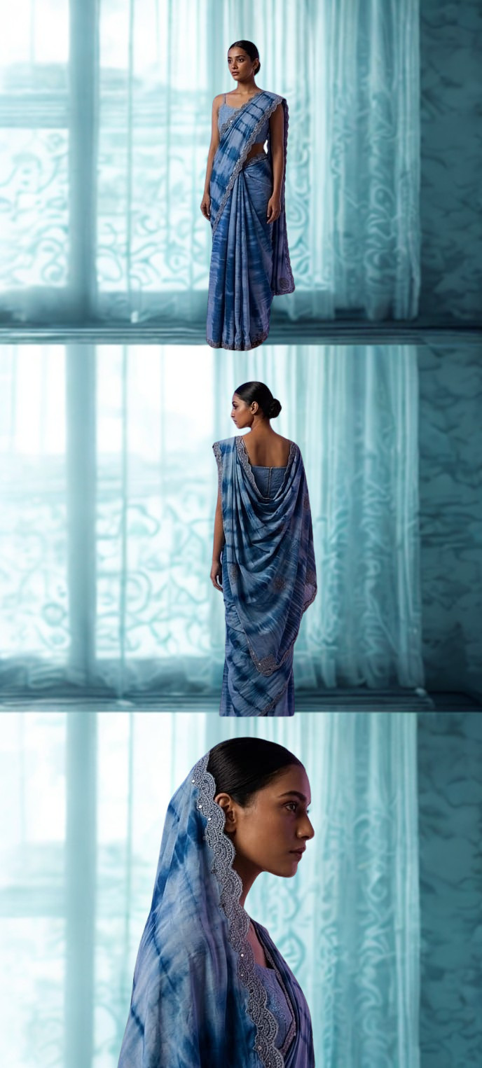 Marigold Mist – Premium Denim Saree with Tie & Dye Elegance