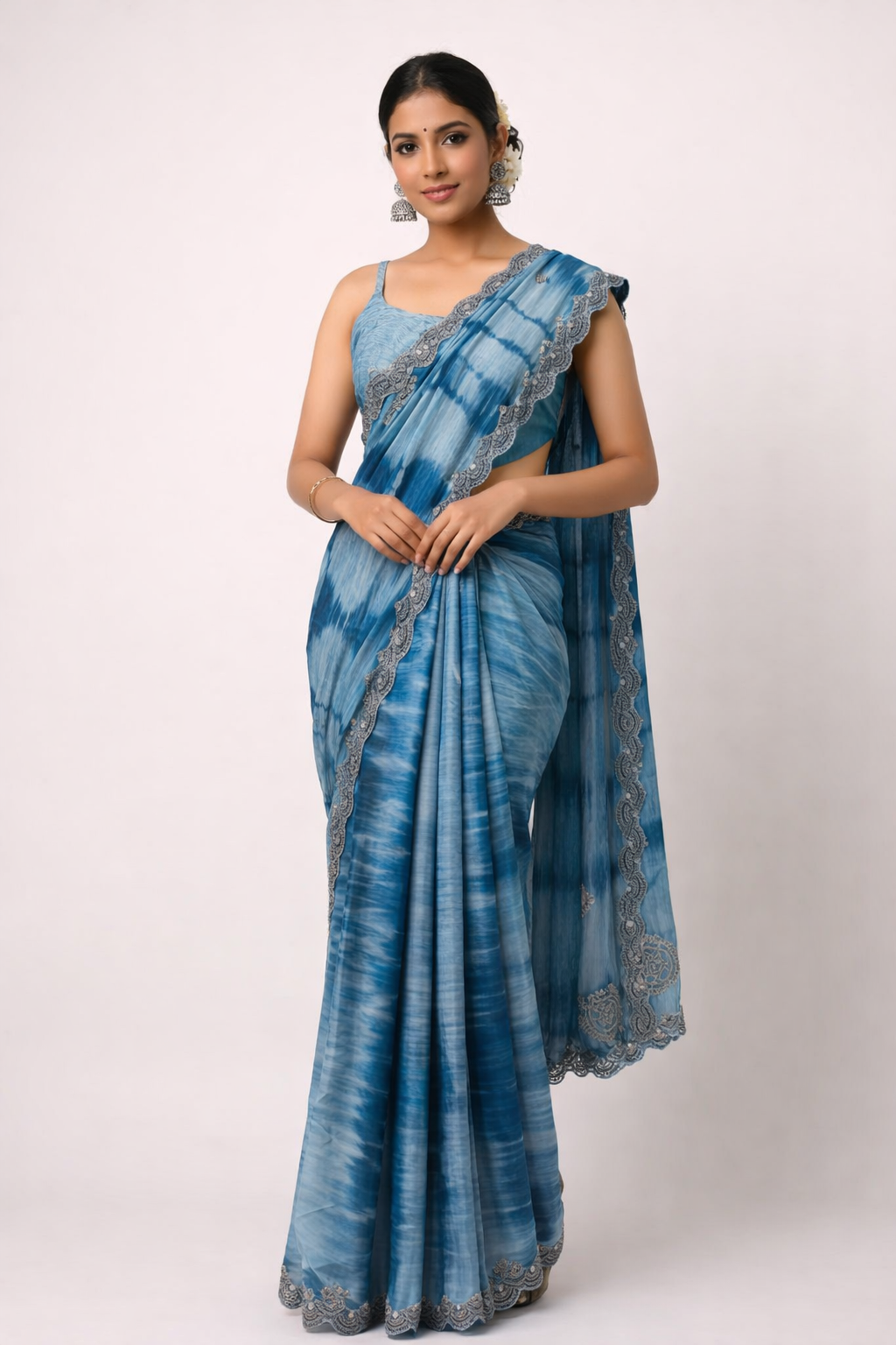 Marigold Mist – Premium Denim Saree with Tie & Dye Elegance