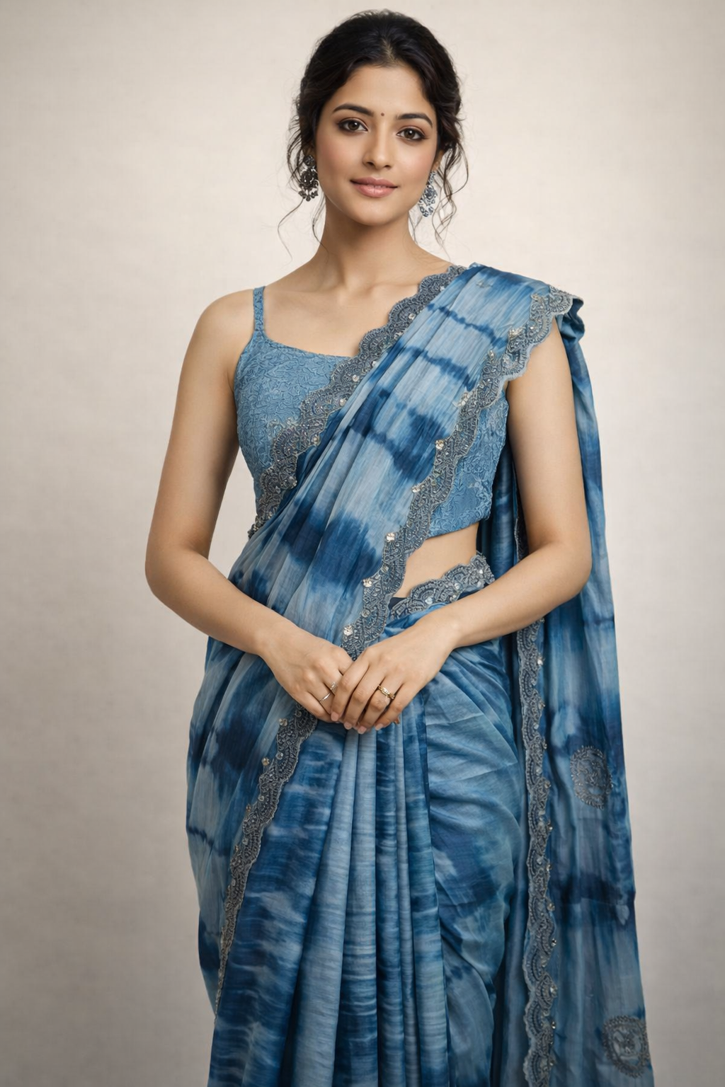 Marigold Mist – Premium Denim Saree with Tie & Dye Elegance