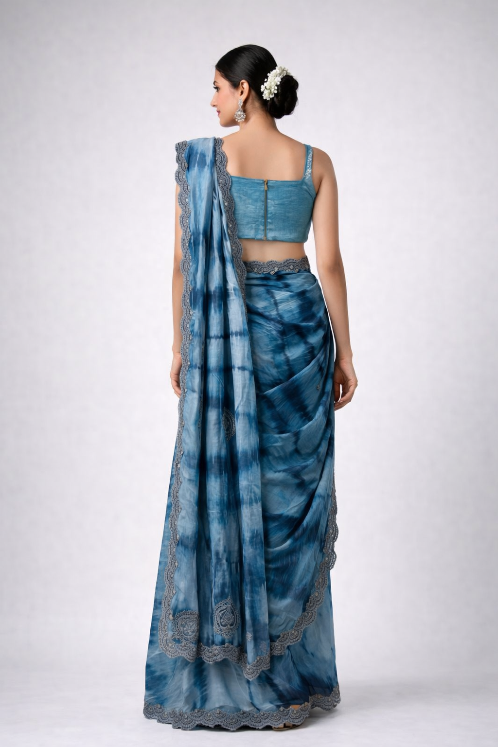 Marigold Mist – Premium Denim Saree with Tie & Dye Elegance