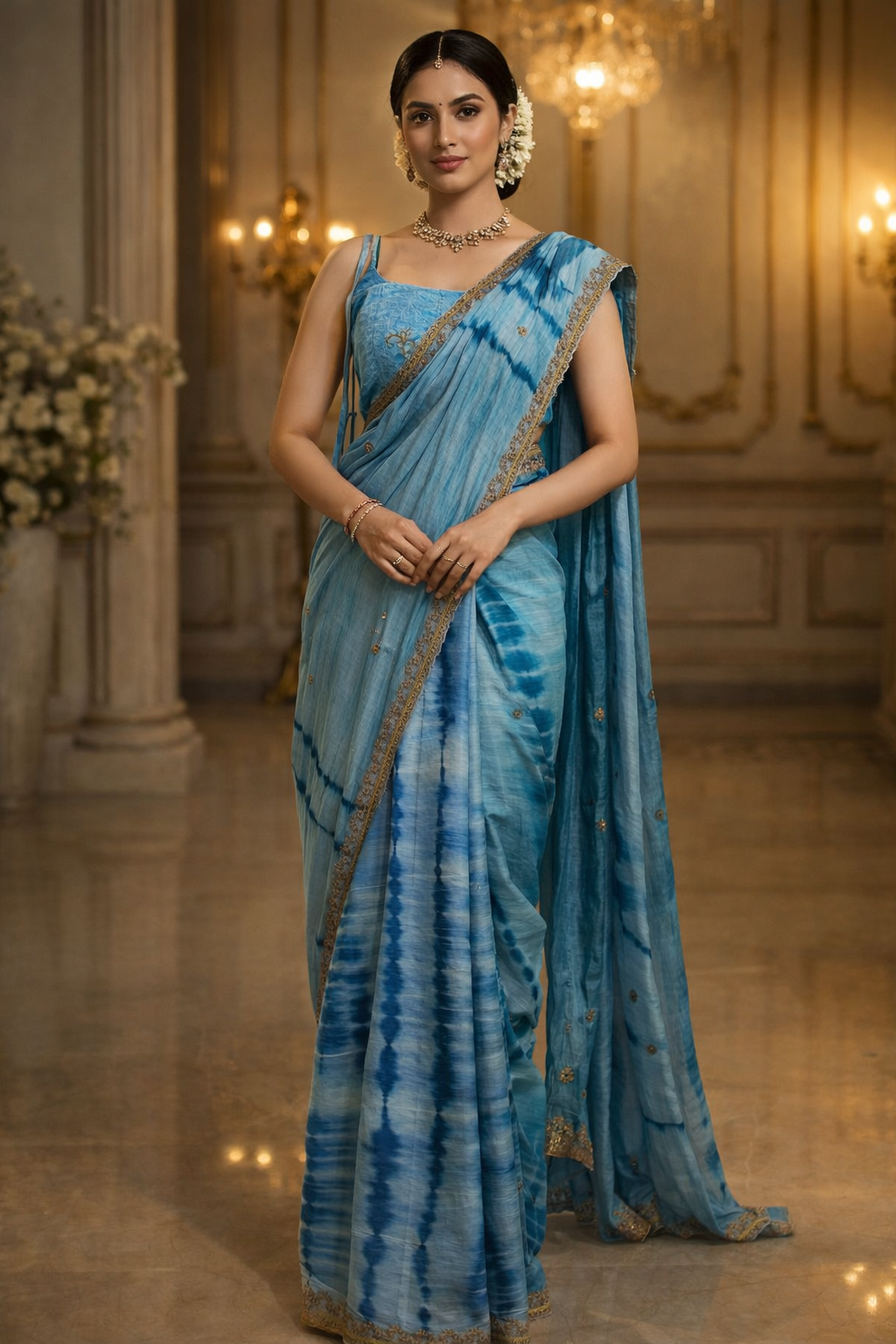 Azure Bloom – Denim Tie & Dye Saree with Hand Embroidery
