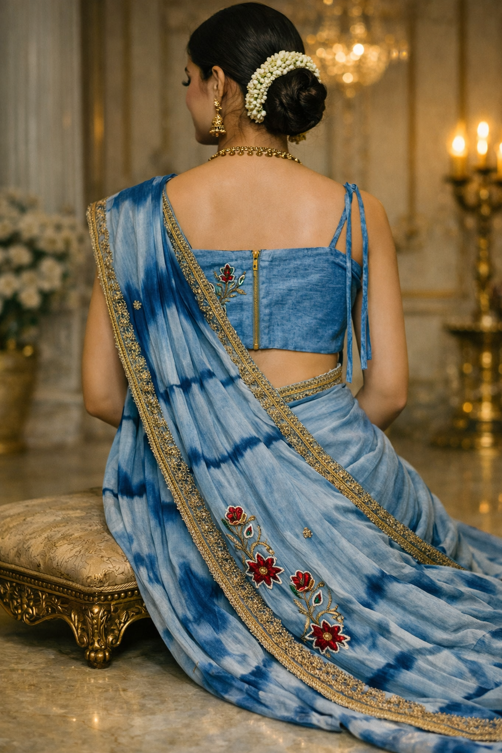 Azure Bloom – Denim Tie & Dye Saree with Hand Embroidery