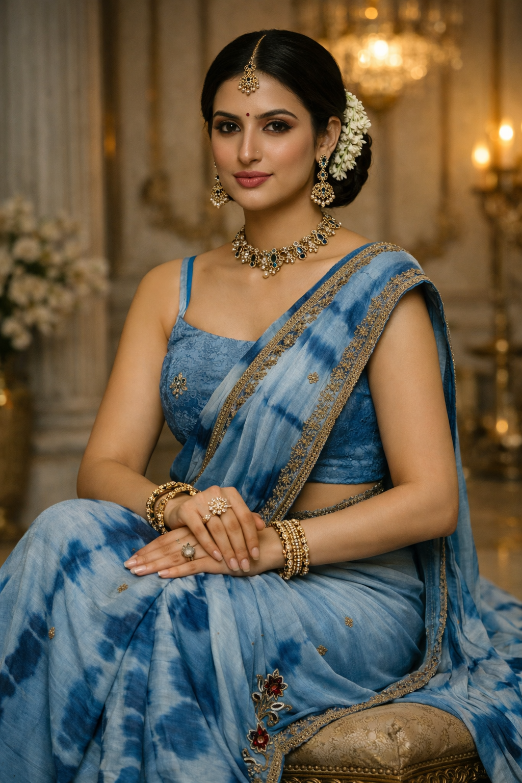 Azure Bloom – Denim Tie & Dye Saree with Hand Embroidery