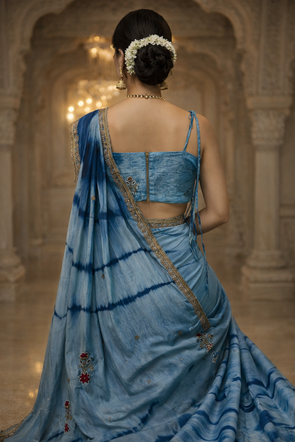 Azure Bloom – Denim Tie & Dye Saree with Hand Embroidery