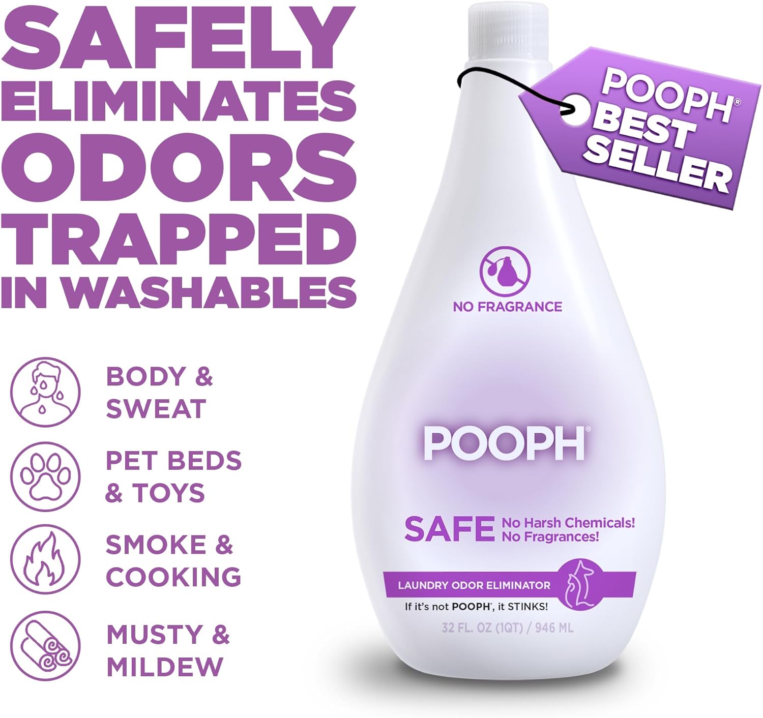 Pooph Pet Odor Eliminator & Pooph Laundry Additive - 2-32oz Bottles - Eliminates Odors at the Molecular Level, Dogs, Cats, Freshener, Eliminator, Urine, Poop, Pee, Deodorizer, Puppy, Fresh, Clean