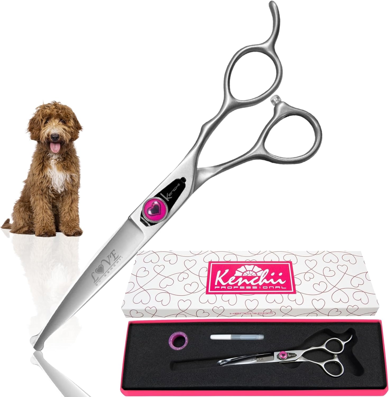 Kenchii Love Dog Grooming Scissors, 6.5 Inch Curved Ball tip Shears, Dog Scissors for Grooming