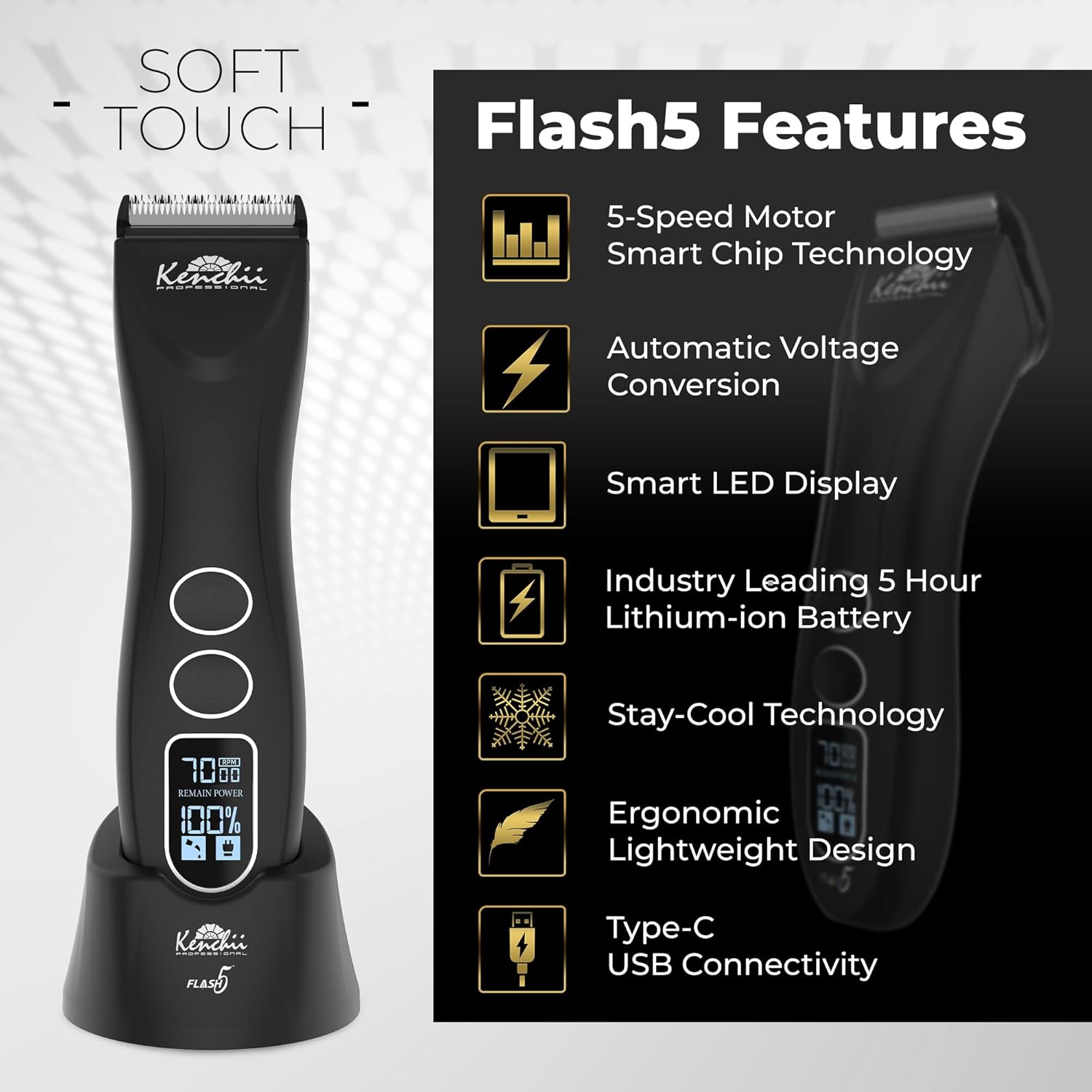 Kenchii Flash 5 Matte Black 5-in-1 Pet Grooming Clipper Digital LCD Stay-Cool Blade Precision Pet Grooming Trim