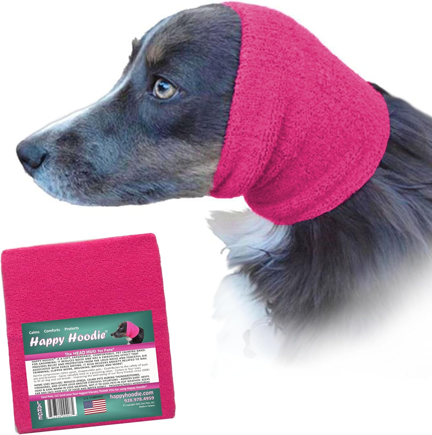 Happy Hoodie the Original Dog & Cat Calming Band - American Brand - Anxiety Relief/Noise Protection-Grooming-Thunder-Fireworks (Large, Pink) 