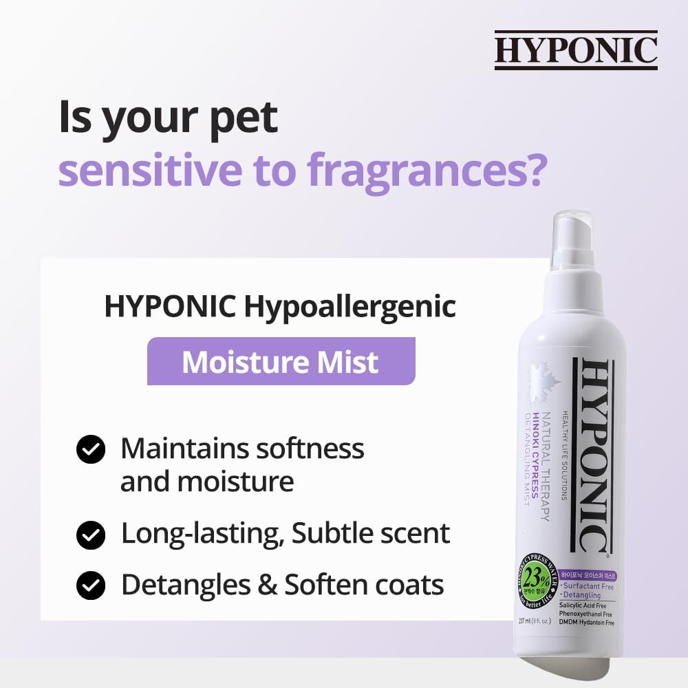 HYPONIC Hypoallergenic Hinoki Cypress Moisture Detangling Mist Spray for All Pets (Scented, 8.01 oz) - Conditioner, Detangler, De-matting, Deodorizing Perfume Spray for Sensitive Skin & Coat